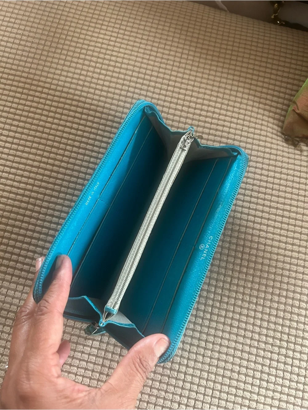 CHANEL Embossed Jacket Goatskin Zip Wallet Turquoise Blue
